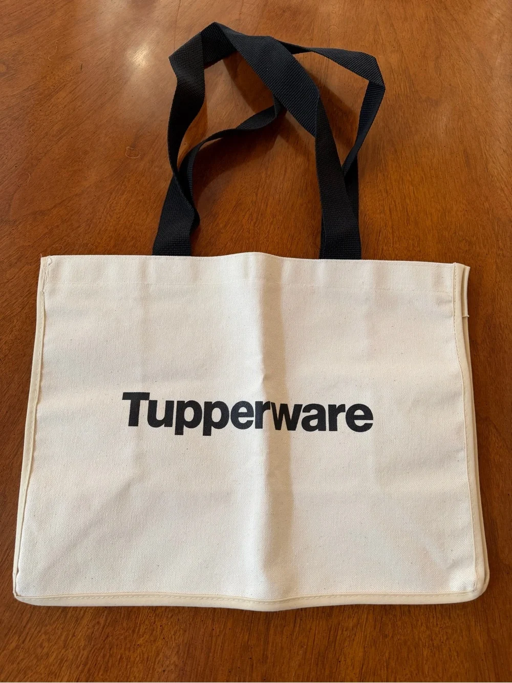 Tupperware Cream Canvas Tote with Black Straps and Logo - EUC!!